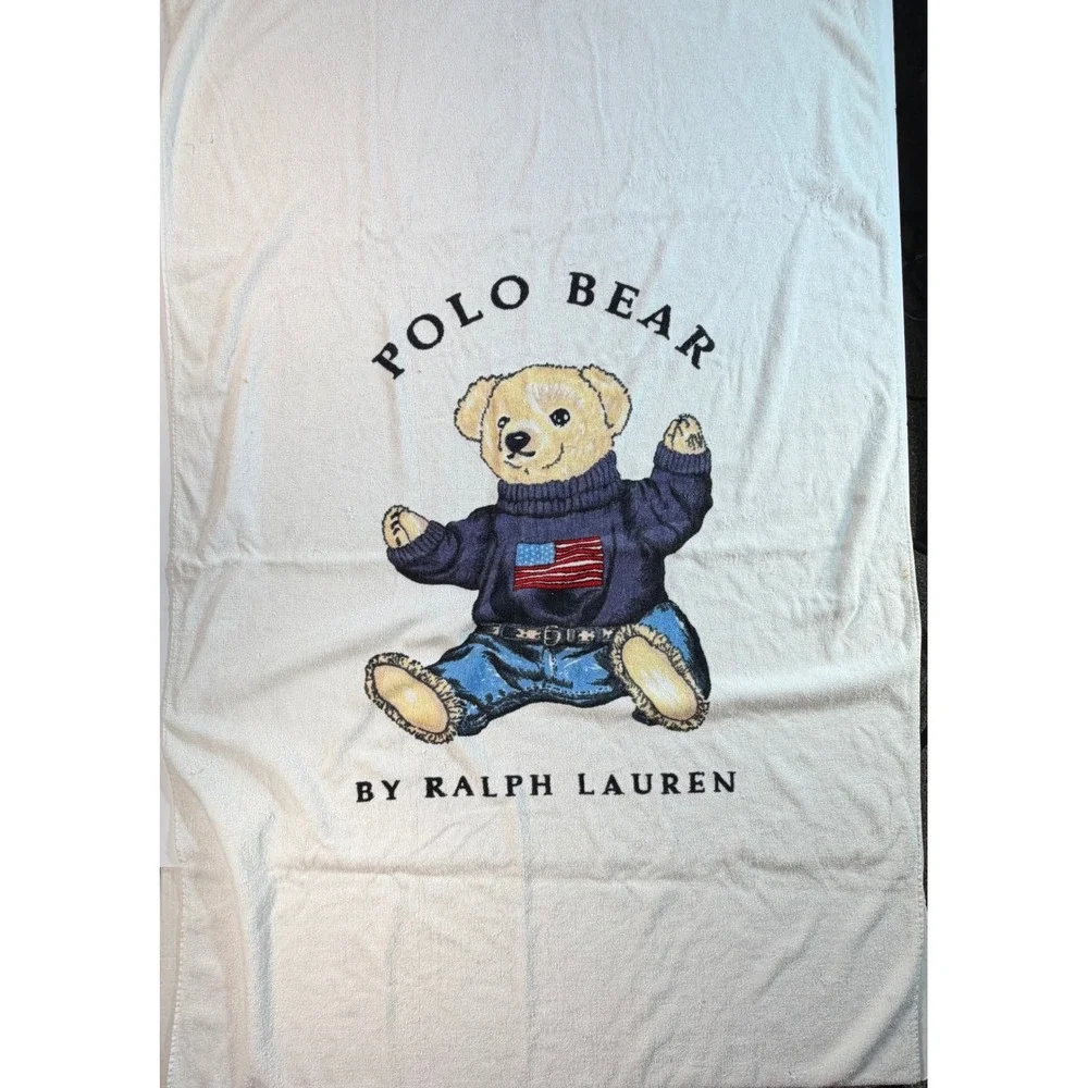 Ralph Lauren Polo Bear Beach Towel White Cotton Flag Sweater Vintage Home 35x60